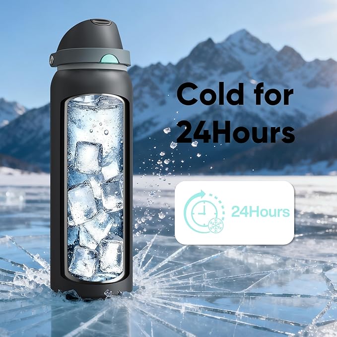 Insulated Water Bottle with Straw - Encool Stainless Steel Water Bottle with Push Button Lid, Leak-Proof & BPA-Free, Keeps Cold for 24 Hours for Sports, Travel, Gym (40 oz, Tuna Grey-Green)