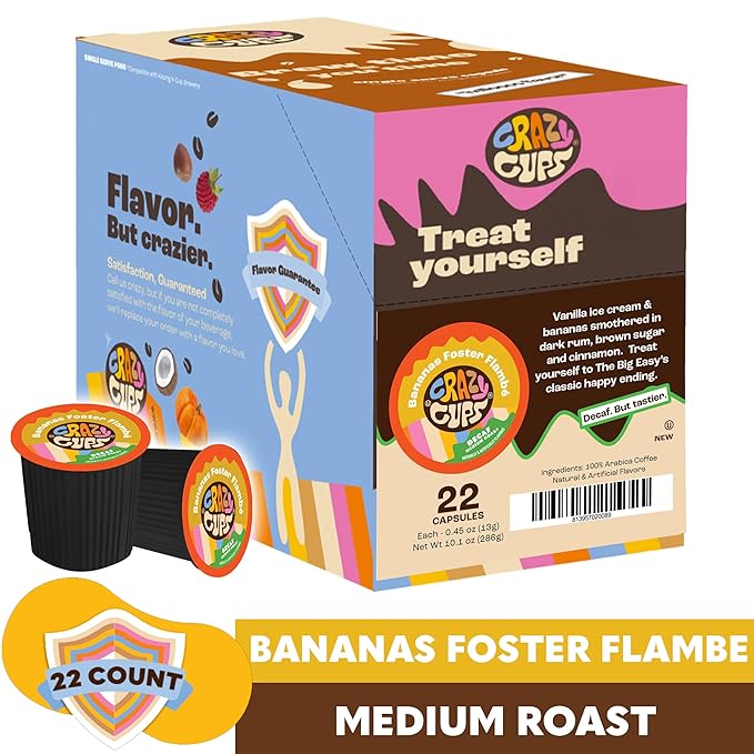 Crazy Cups Decaf Banana Coffee Pods, Decaffeinated Bananas Foster Flambe Flavored Coffee, Single Serve Hot or Iced Medium Roast Coffee for Keurig K Cups Machines, 22 Count