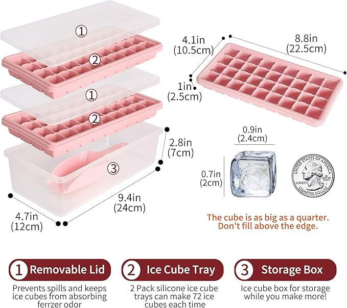 Food-grade Silicone Ice Cube Tray with Lid and Storage Bin for Freezer, Easy-Release 2 * 36 Small Nugget Ice Trays 1 ice Bucket & Scoop, Flexible Ice Cube Molds with Ice Container