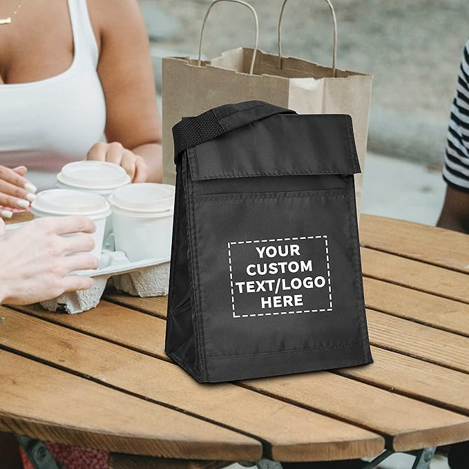 DISCOUNT PROMOS 50 Hook and Loop Insulated Lunch Bags Set - Customizable Text, Logo - Polyester, Durable, Vibrant, Reusable - Black