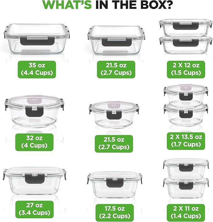 NutriChef 24pcs Glass Food Storage Containers, (12 Stackable Heavy Duty Meal Prep Containers w/ 12 Airtight Lids), Microwave, Freezer, & Dishwasher Safe for Food, Snacks, Fruit & More, (Gray)