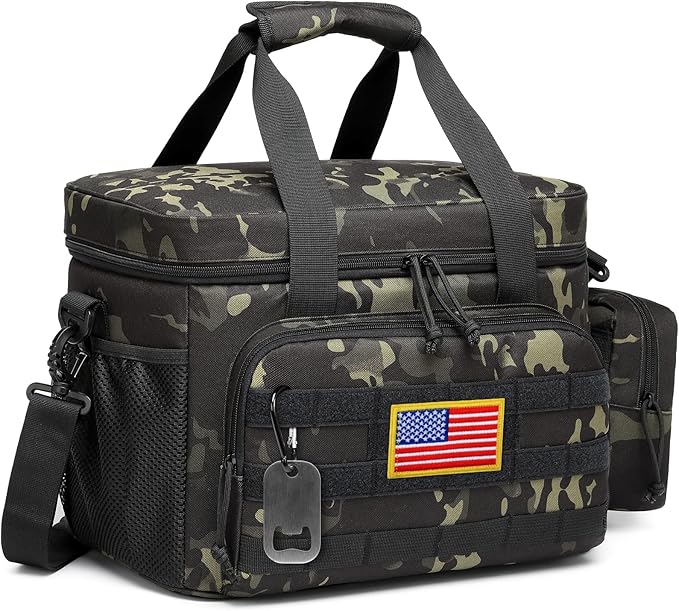TACTICISM Tactical Lunch Box for Men, 30 Cans Leakproof Lunchbox, Insulated Lunch Bag, Portable Soft Cooler with Detachable Molle Pouch, Black Camo