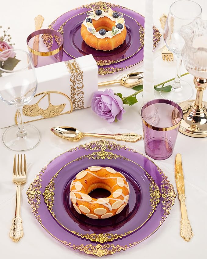 Nervure 350PCS Purple Plastic Plates - Purple Plastic Dinnerware Sets for 50 Guests - 100 Disposable Plates, 150 Gold Silverware, 50 Cups, 50 Napkins for Wedding & Party