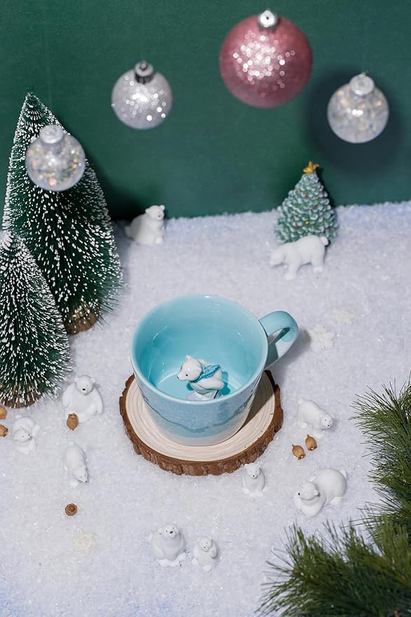 DIHOclub Skiing Polar Bear Ceramic Cup Hidden Animal Inside Mug Cute Cartoon Handmade Figurine Mugs,Holiday and Birthday Gift for Coffee Milk Tea Lovers,12 OZ(Blue White)