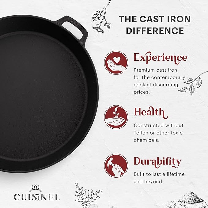 Cuisinel Cast Iron Skillet + Chainmail Scrubber Cleaner - 17"-Inch Dual Handle Braiser Frying Pan + Silicone Handle Covers - Pre-Seasoned Oven, Grill, BBQ, Stovetop, Fire Cookware - Indoor/Outdoor Use