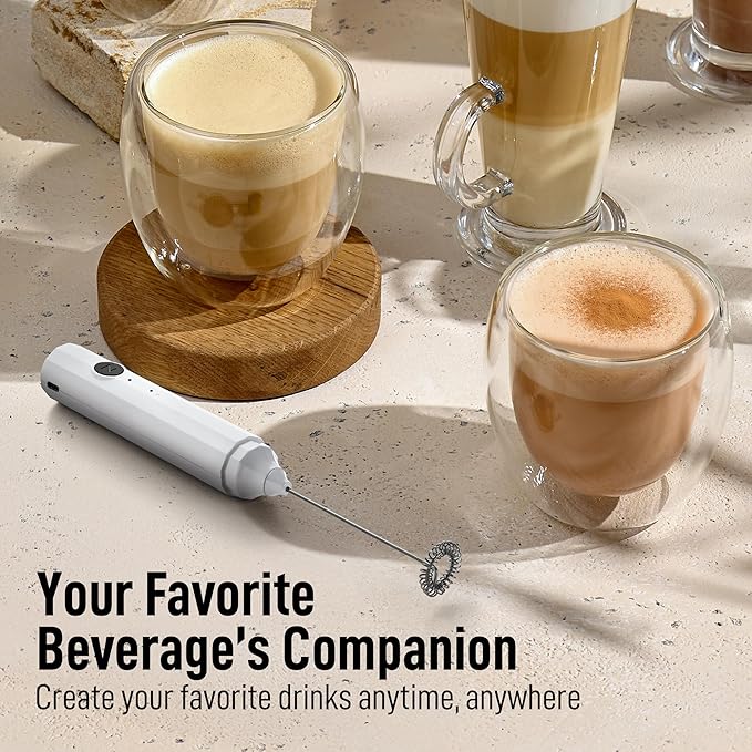 Zulay Froth N Go Milk Frother – Rechargeable 3-in-1 Handheld Frother Wand with Travel Case & USB-C Charger – Single, Double & Egg Whisk for Latte, Cappuccino, Matcha, Protein Shakes – White