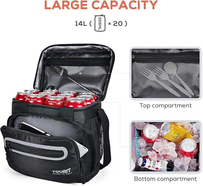 TOURIT Large Lunch Bag 14L Insulated Lunch Box Lunch Cooler for Men Women Work, Black