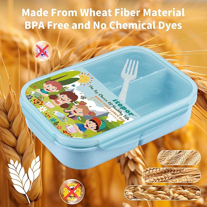 Wheat Straw Lunch Box, Leakproof Bento Box for Kids, BPA-Free Lunch Containers for Adults with 3 Compartments, Microwave Safe (Blue, Regular Size)