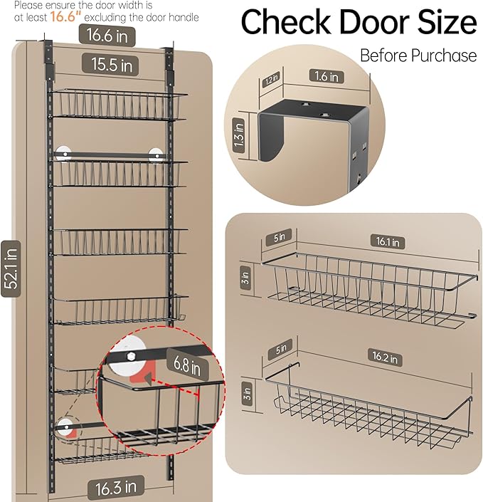 Delamu Adjustable Cabinet Door Organizer, 6-Tier Hanging Spice Rack Organizer, Metal Over the Door Pantry Organizer, Pantry Organizers and Storage Shelves for Kitchen Bathroom Laundry Room, Black
