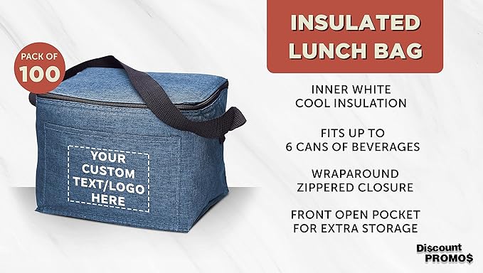 Custom Insulated Cooler Lunch Bag Set of 100, Personalized Bulk Pack - Perfect for Work, Travel, Outdoor Events - Blue