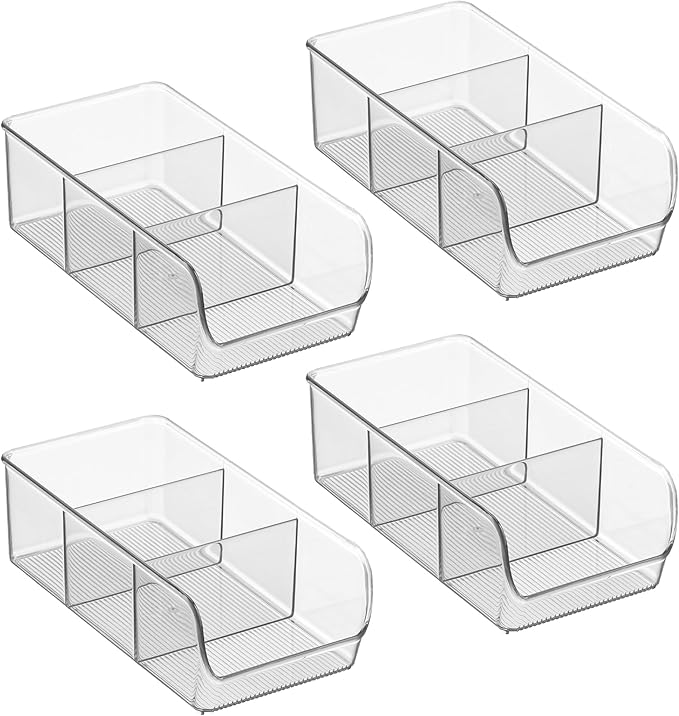 iDesign Stackable 3-Section Divided Storage Bin for Pantry, Fridge, or Cabinet - Set of 4 - Clear