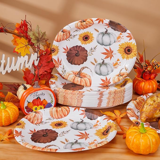 WDF 50 Pack Fall Oval Paper Plates - 10" x 12" Pumpkin and Maple Large Paper Plate - Thanksgiving Autumn Leaves Plates Disposable Heavy Duty Dinner Size - Suitable For Thanksgiving/Fall Theme Party