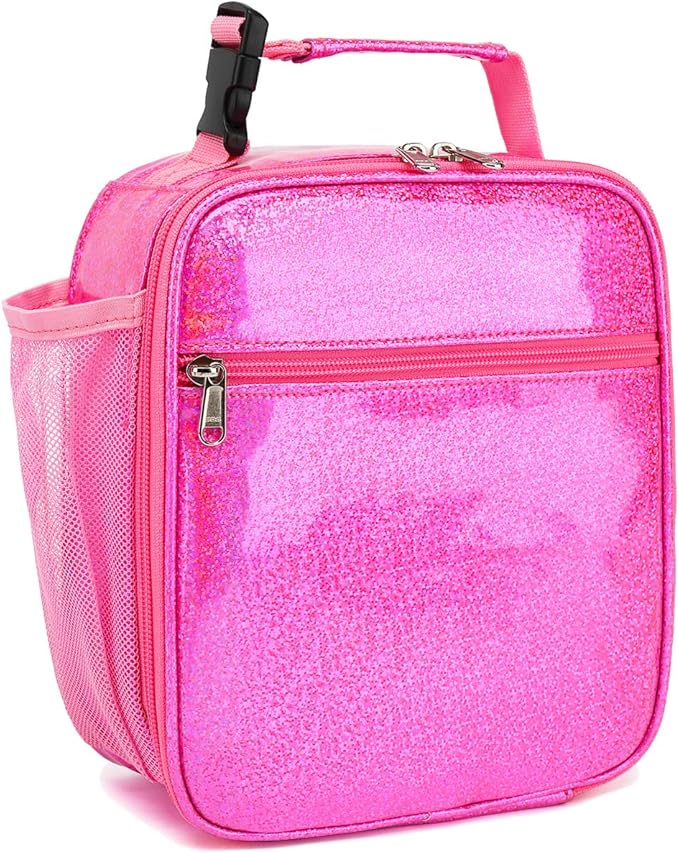 FlowFly Kids Lunch box Insulated Soft Bag Mini Cooler Back to School Thermal Meal Tote Kit for Girls, Boys, PU Pink