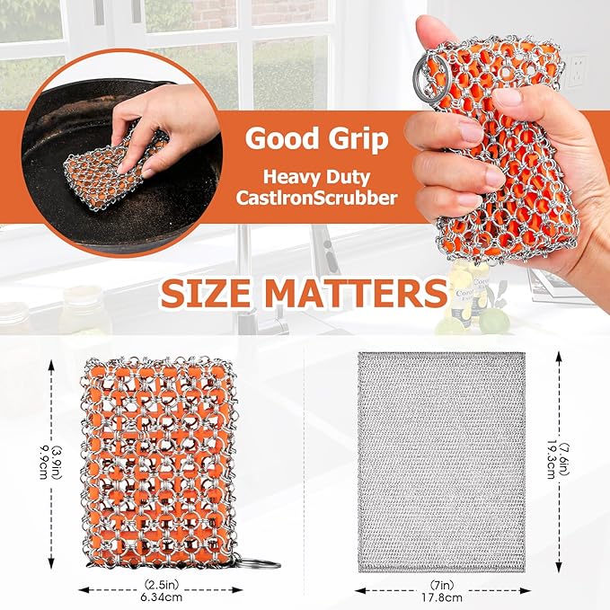 Cast Iron Scrubber with Bamboo Fiber Cloth and Pan Scraper, 316L Cast Iron Cleaner Set – Removes Stains, Protects Coatings, Safe for Dutch Oven, Skillets, Griddles(Orange)