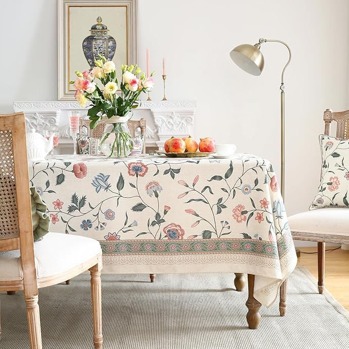 ISAENNE Designer Chinoiserie Linen Floral Rectangular Tablecloth,White Wrinkle Resistant Table Cloth,Elegant Decor Tablecloths for Dining Thanksgiving Kitchen Party Christmas,55"*87"-Daffy