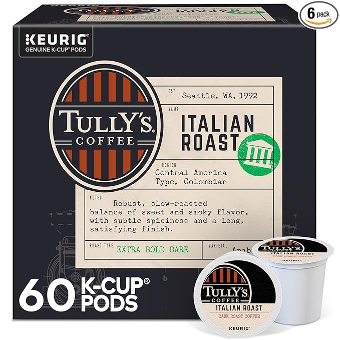 Tully's Coffee Italian Roast, Keurig Single-Serve K-Cup Pods, Dark Roast Coffee, 60 Count (6 Packs of 10)