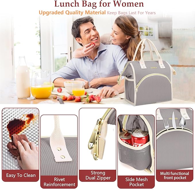 LOKASS Lunch Bag Women Insulated Lunch Box Wide-Open Lunch Tote Bag Large Cooler Bag for Work Picnic Hiking Beach（Dark Gray）