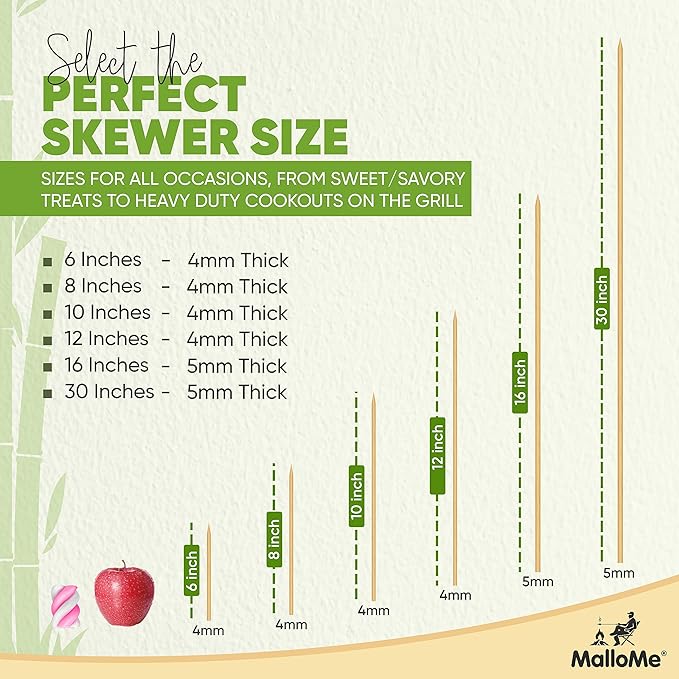 MalloMe XL Bamboo Skewers 6 Inch 100 pcs - 4mm Thick Bamboo Sticks - Heavy Duty Wooden Shish Kabob Skewers for Grilling - for Kebab BBQ Grill Hot Dog, Candy Apple Smores Sticks Wood Skewer Appetizers