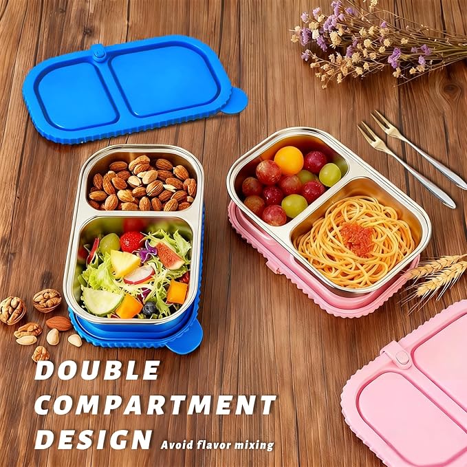 Stainless Steel Snack Containers with Silicone Lids - 2 Compartment Metal Bento Lunch Box, Leak-Proof Reusable Lunch Meal Prep Containers with 2 Forks for School, Office, Travel (Blue+Pink, 2 Pack)