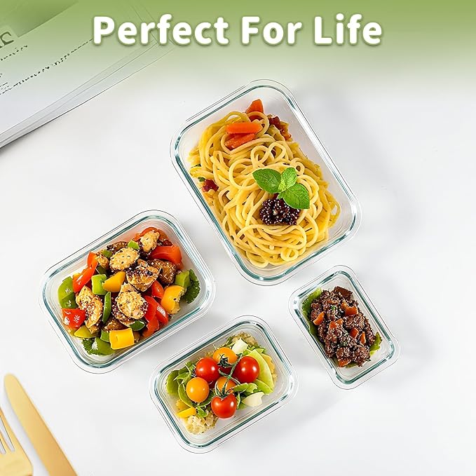 8 Pack Borosilicate Glass Food Storage Containers with Lids, Glass Meal Prep Containers, Airtight Bento Lunch Boxes with Leak Proof Locking, Oven, Freezer and Dishwasher Safe, BPA Free, 5-35oz