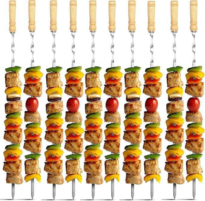 12 Pack Kabob Skewers BBQ Barbecue Skewers Stainless Steel Sticks 23.5 Inch Heavy Duty Large Wide Reusable with Nonslip Wooden Handle Ideal for Shish Kebab Chicken Shrimp and Vegetables
