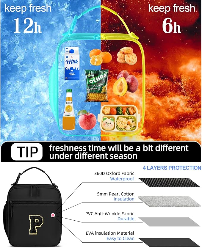 Initial Insulated Lunch Bag for Boys Kids, Back to School Gift, Reusable Leak-proof Lunch Box with Adjustable Strap for School Daycare Travel Picnic（Black，P）