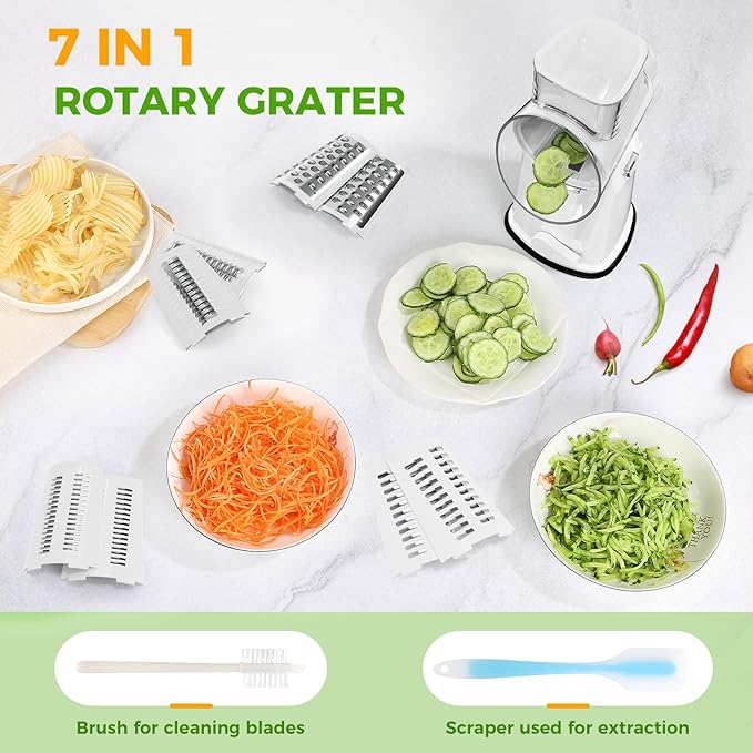 7 IN 1 Upgraded Rotary Cheese Grater with Handle – Vegetable Shredder with Built-in Storage Blade Slot, 5 Versatile Blades, Strong Suction Base Round Mandoline Slicer, Food Chopper for Kitchen