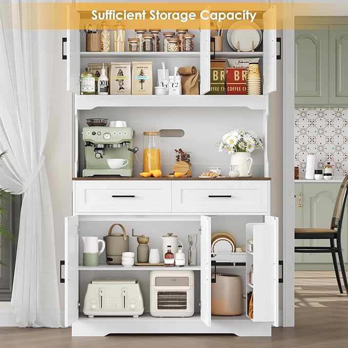 FACBOTALL Tall Kitchen Pantry Cabinet, Farmhouse Food Pantry Cabinet with Doors and Adjustable Shelves, Kitchen Hutch with Countertop and Microwave Stand for Dining Room, Living Room, White