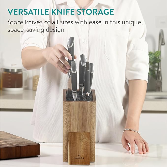 Navaris Wooden Kitchen Knife Block with Holder - Holds a Chopping Board, Phone or Tablet - Acacia Angled Design, 12.5 x 18.7 x 26.2 cm (4.9" x 7.4" x 10.3")
