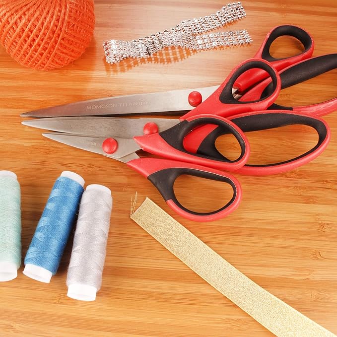 BambooMN Titanium Softgrip Scissors Set for Sewing, Arts, Crafts, Office - 3 Sets of 3 - Red w/Black Inlays