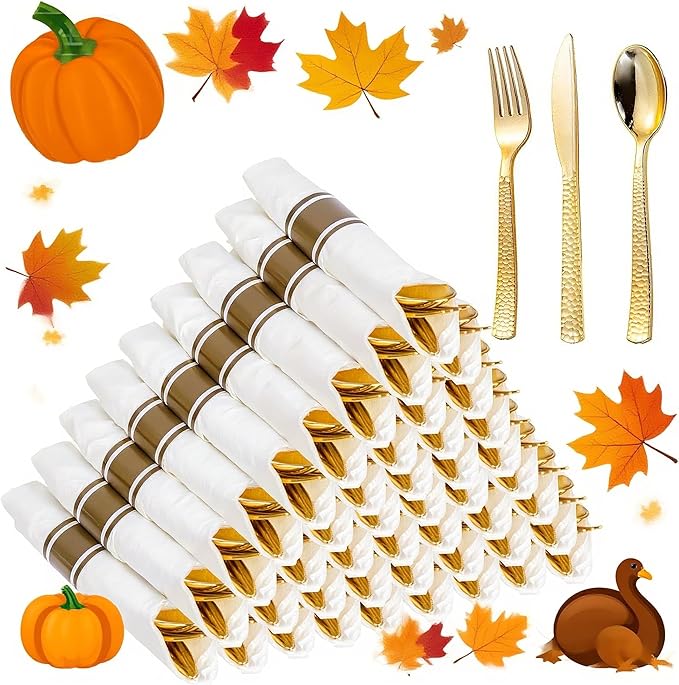 WELLIFE 300PCS Gold Plastic Silverware,Pre Rolled Silverware Set Disposable,Hammer Pattern Design,Plastic Cutlery Includes: 75 Forks, 75 Knives, 75 Spoons, 75 Napkins, Thanksgiving Cutlery