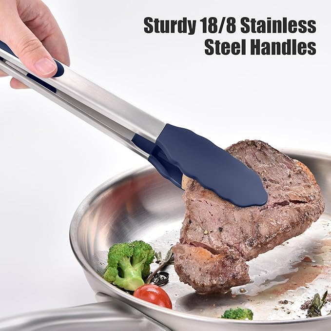 Doosu Kitchen Tongs for Cooking - 600°F Heat Resistant Food Tong Set with Non-Scratch Silicone Tips, Heavy Duty Stainless Steel Locking Tong for BBQ, Grilling Steak, Serving (7+9+12in, Navy Blue)