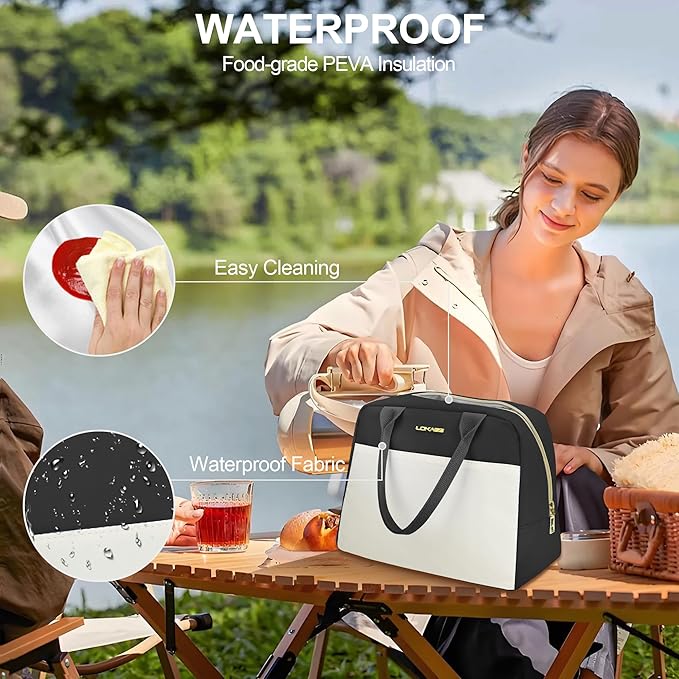 LOKASS Lunch Bag for Women-Insulated Adults Lunch Box with Front Pocket- Small Cute Lunch Tote for Work-Reusable Cooler Bag for Office Picnic Beach or Travel（Black）