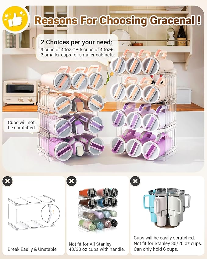 Water Bottle Organizer Holder for Stanley Cup Accessories, Fridge Kitchen Cabinet Organizer and Storage for Meoky 40 oz Tumbler with Handle, Stackable Plastic Travel Mug Cup Rack Gifts, 3Pack