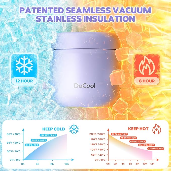 DaCool Kids Thermo for Hot Food 13 OZ Insulated Food Jar Kids Lunch Food Thermo Vacuum Stainless Steel Insulated Lunch Container Bento for School Office Picnic Travel Outdoors, Light-Purple