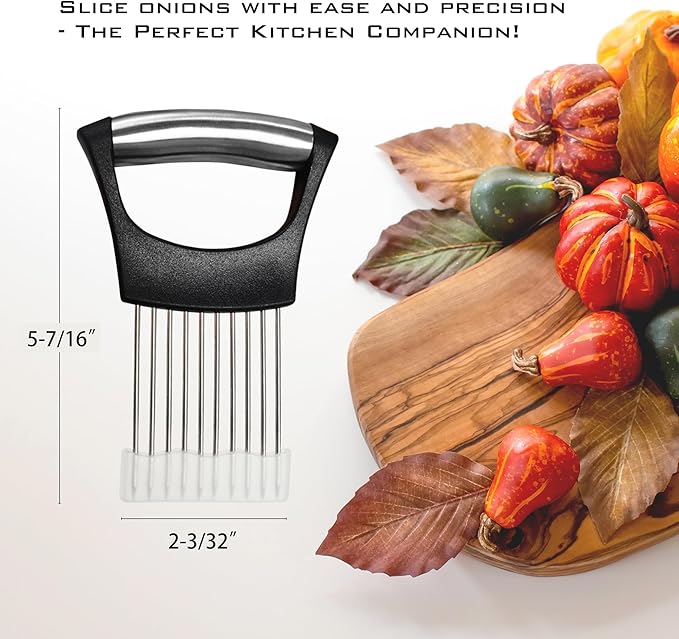 Stainless Steel Onion Slicer Holder – Multi-Purpose Kitchen Safety Tool for Onions|Potatoes|Tomatoes|Apples|Lemons Slicing, Ergonomic ABS Handle, Easy Clean, Uniform Slices, 2 PACK