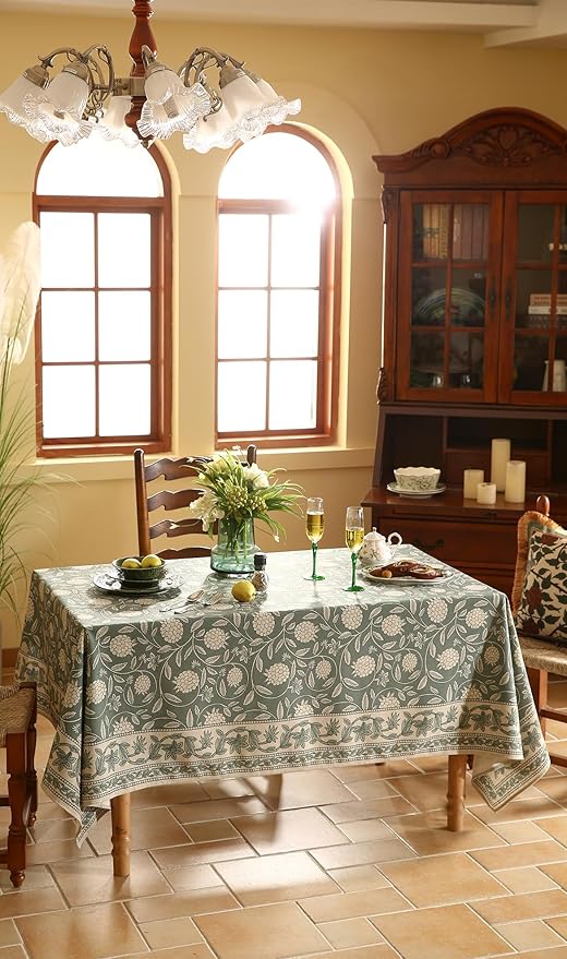 ISAENNE Designer Grayish Green Linen Long Rectangle Tablecloth,Floral Stain Resistant Table Cloth,Fall Vintage Decor Tablecloths for Dining Thanksgiving Kitchen Party,63"*102"-Andrew A