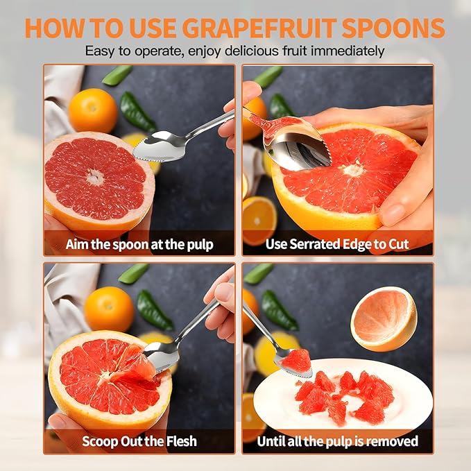 Grapefruit Spoon & Knife Set,Stainless Steel Grapefruit Spoon Utensil With Serrated Edge,Silver Kitchen Tool,Multi-Use for Citrus, Kiwi,Dessert, Avocado & More (6 PCS)