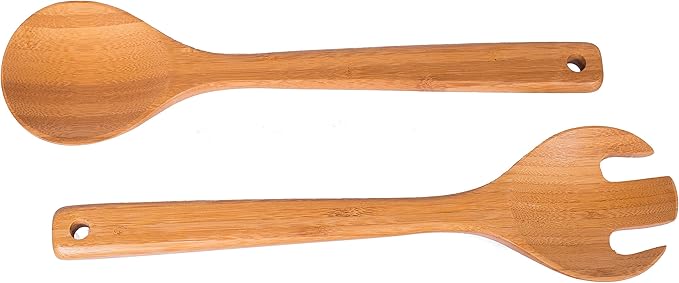 BIRDROCK HOME Bamboo Salad Servers 2-Piece Set - Bamboo Spoon & Fork Set - Salad Utensils for Cooking and Serving - Ideal Salad Spoons for Tossing & Mixing - Durable Serveware for Kitchen & Dining