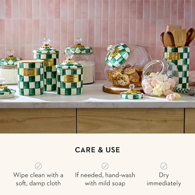 MACKENZIE-CHILDS Large Enamel Canister, Kitchen Storage Container with Lid, Green-and-White Emerald Check