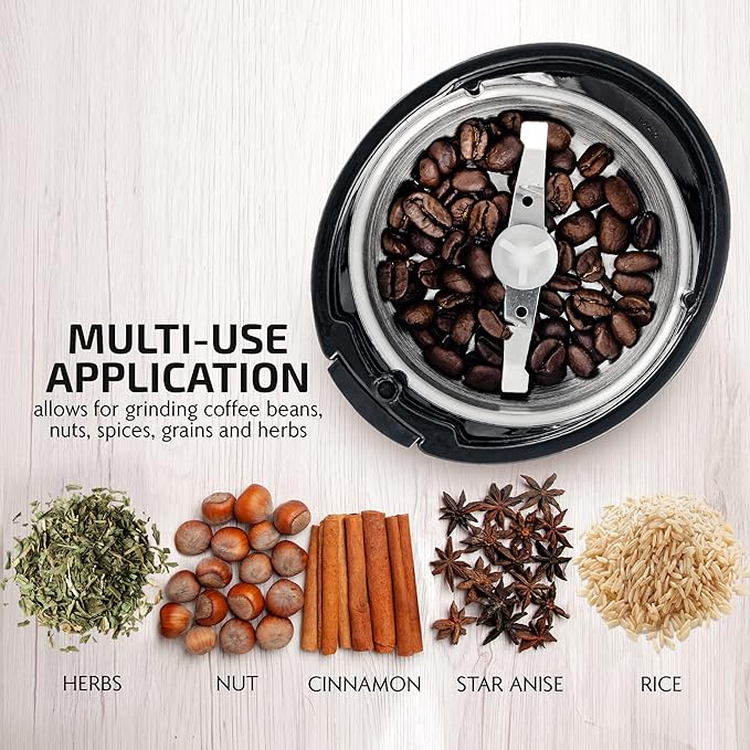 OVENTE Electric Coffee Grinder for Beans, Spices and More, 2.5Oz Compact Grinding Mill, Spice Grinder with Stainless Steel Blade, Pulse Button Operation and Transparent Easy to Open Lid, Black CG225B