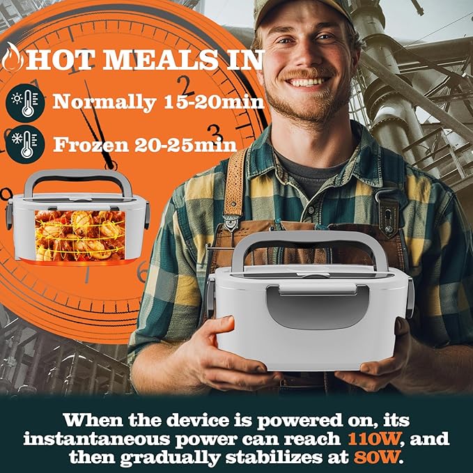 Buddew Electric Heated Lunch Box for Adults - 80W Fast Heating, 1.5L Food-Grade Stainless Steel, 12V/24V/110V Portable Food Warmer for Work Travel Car, Lonchera Electrica Portatil