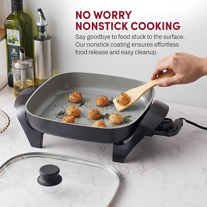 Elite Gourmet EG2212X 12"x12"x2.15” Ceralast™ PFAS Free Ceramic Electric Skillet, Dishwasher Safe, Rapid Heat Up, 1200W, Dark Grey
