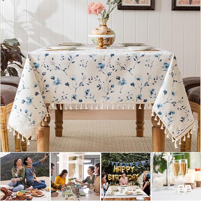 Round Tablecloth Pastoral Style, Waterproof & Stain Resistant Table Cloth Wrinkle Free Table Cover for Dining/Kitchen/Patio, Washable Indoor & Outdoor Use, 55"X55" Blue