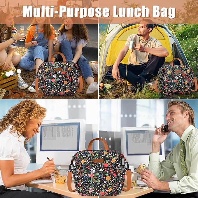 Joymee Lunch Bag Women Insulated Lunch Box Reusable Leakproof Large Spacious Cooler Tote for Women Men Adult with Bottle Holder and Side Pockets for Work Office Travel Picnic -08 Multi-Floral