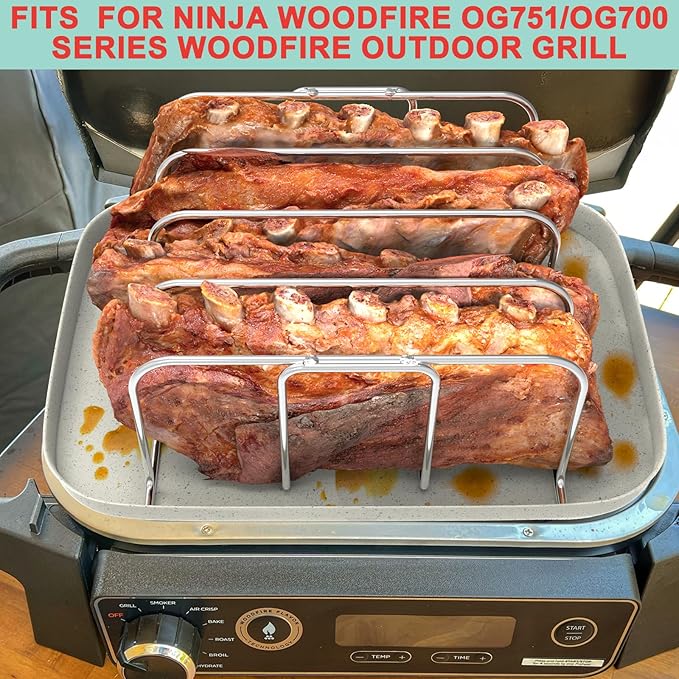 Griddle Pan & Rib Rack for Ninja Woodfire OG751/OG700 Series Grill, Non-Stick Upgraded Ceramic Cooking Flat Top Griddle Plate for Ninja XSKGRDPLT Woodfire Accessories, with 4 Full Racks Holder of Ribs