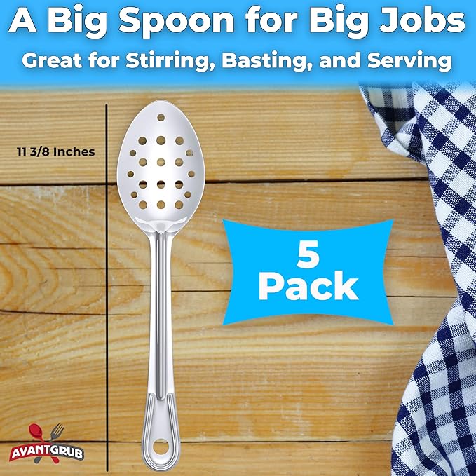 Super Strong, Ergonomic 11 in Serving Spoon 5 Pk. Big, Perforated Stainless Steel Spoons for Cooking, Baking and Basting. Best Kitchen Flatware for Buffet and Banquet Service in Restaurants and Homes