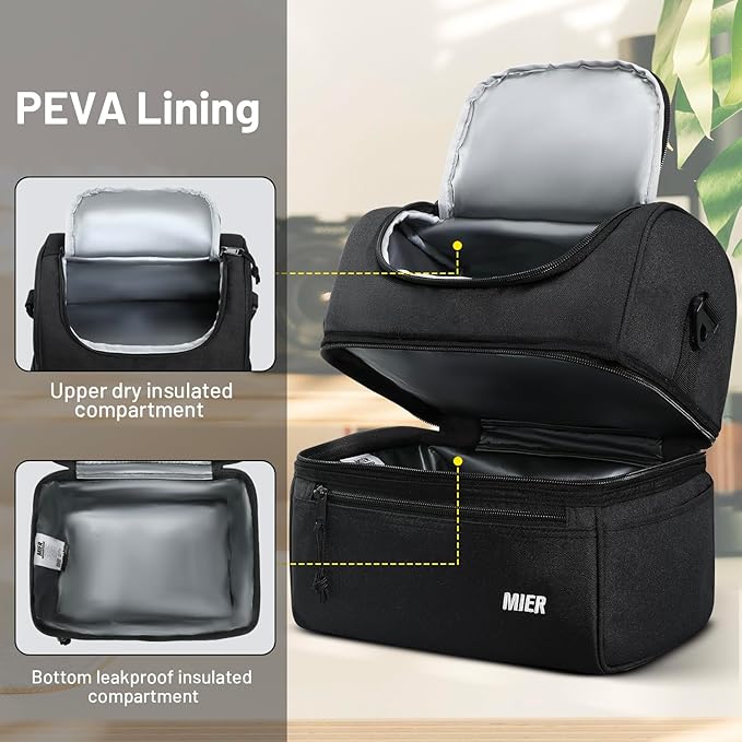 MIER Adult Lunch Box Insulated Lunch Bag Large Cooler Tote Bag for Men, Women, Double Deck Cooler(Black Large)