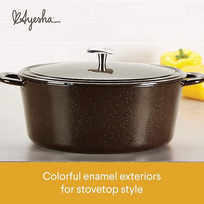 Ayesha Curry Cast Iron Enamel Casserole Dish/ Casserole Pan / Dutch Oven with Lid - 6 Quart, Brown Sugar
