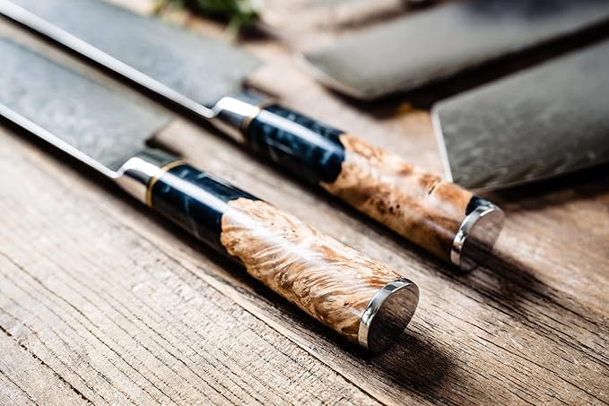 Epicurean Cook Tidal Collection 8 PCS Damascus Knife Set Japanese Kitchen Knives with VG10 Steel Core Ultra-Sharp Professional Chef Knife Set with Elegant Box and Black Resin and Burl Wood Handles